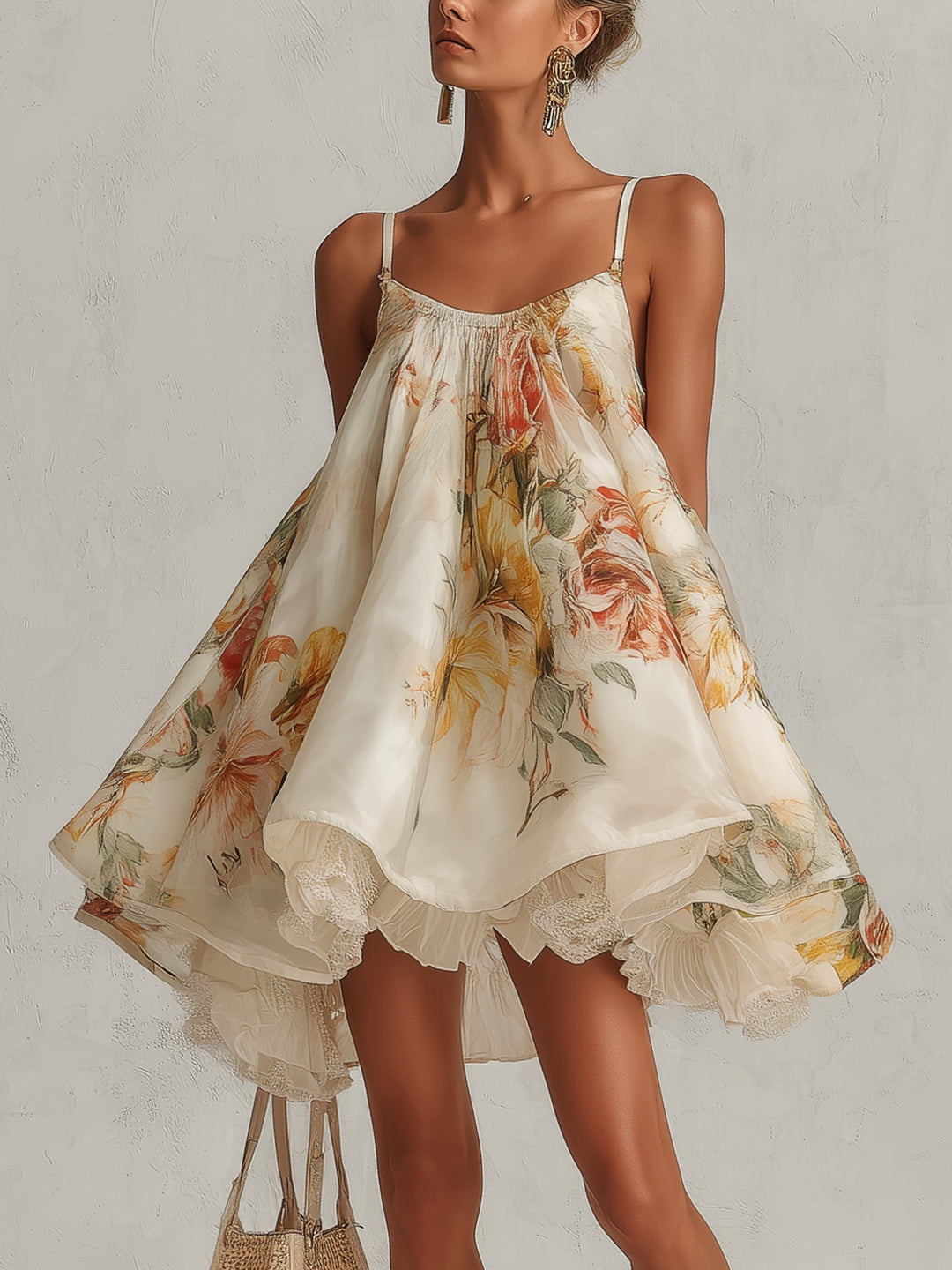 Blanche | Beige Floral Mini A-Line Organza Dress with Lace Trim
