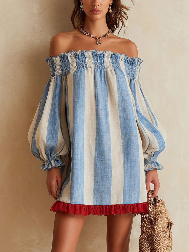 Ondine | Mini Striped Dress in Blue and White with Off-Shoulder and Contrasting Hem