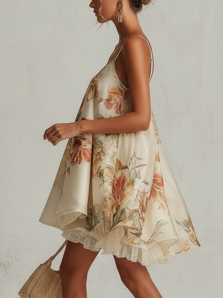 Blanche | Beige Floral Mini A-Line Organza Dress with Lace Trim