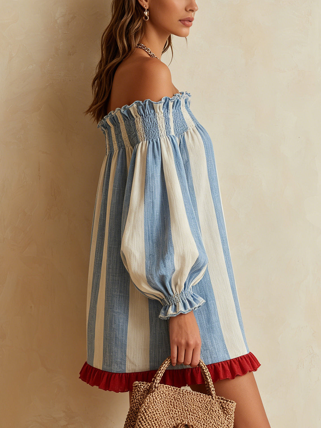 Ondine | Mini Striped Dress in Blue and White with Off-Shoulder and Contrasting Hem