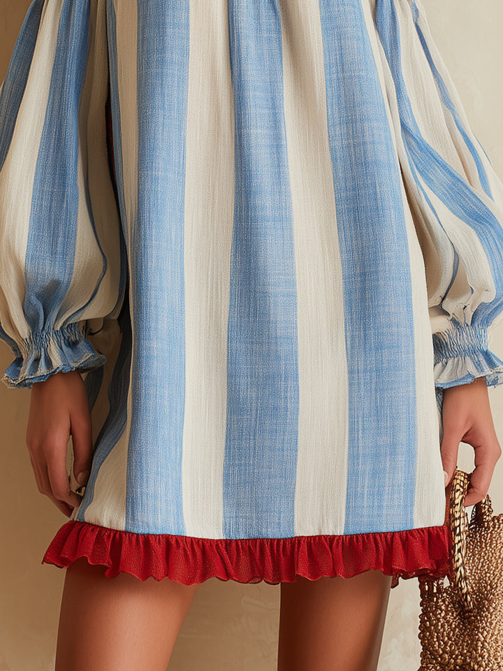 Ondine | Mini Striped Dress in Blue and White with Off-Shoulder and Contrasting Hem