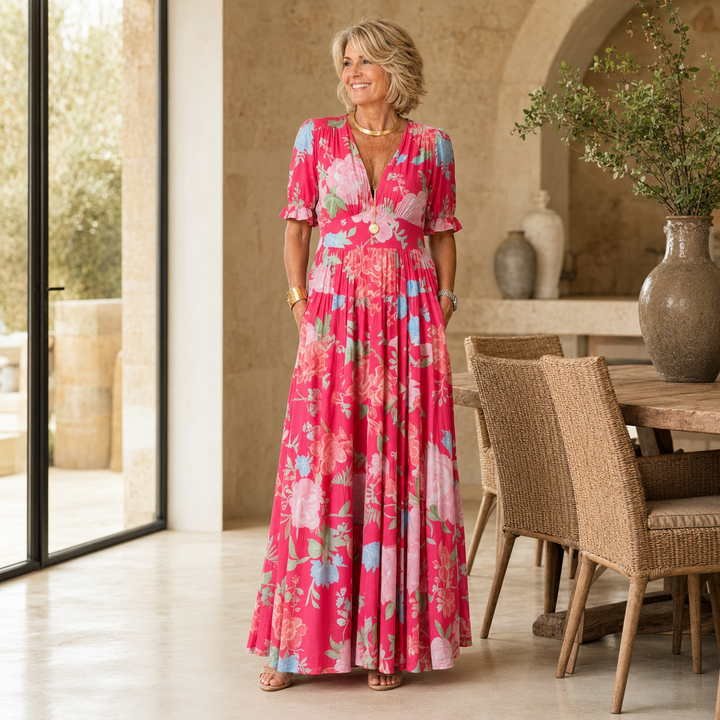 Ione | Short Sleeve V Neck Floral Midi Dress