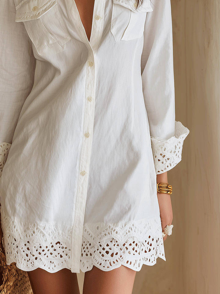 Annie | Bohemian Eyelet Hem Resort White Shirt Mini Dress