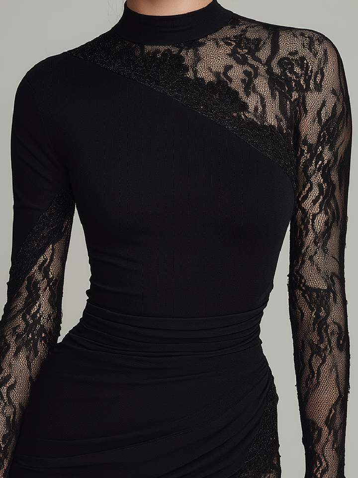 Blythe | Black Turtleneck Lace Asymmetrical Tulle Long Sleeve Mini Dress