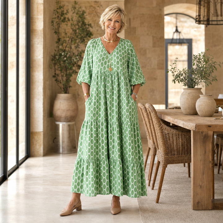 Apolline | Three Quarter Sleeve V Neck Patterned Midi Dress