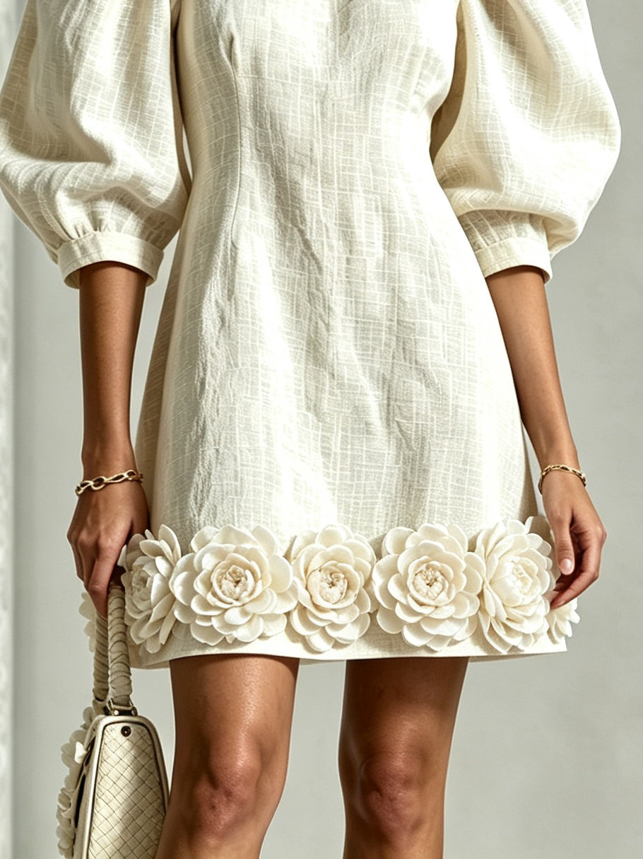Angelina | 3D FLORAL PUFF-SLEEVE MINI DRESS