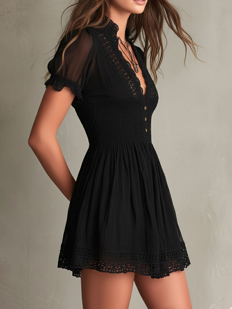 Crystal | Classic Muse Smocked Lace-Trim Black Mini Dress