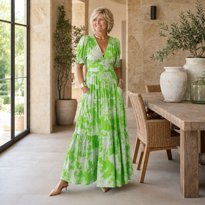 Ione | Short Sleeve V Neck Floral Midi Dress
