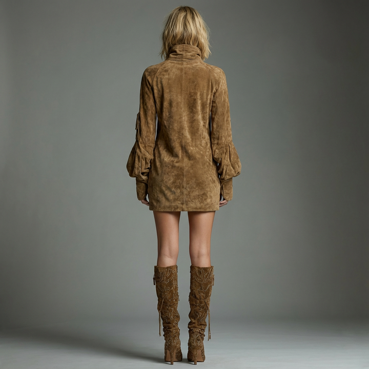LILLY | SUEDE TURTLENECK MINI DRESS WITH VINTAGE CHARM