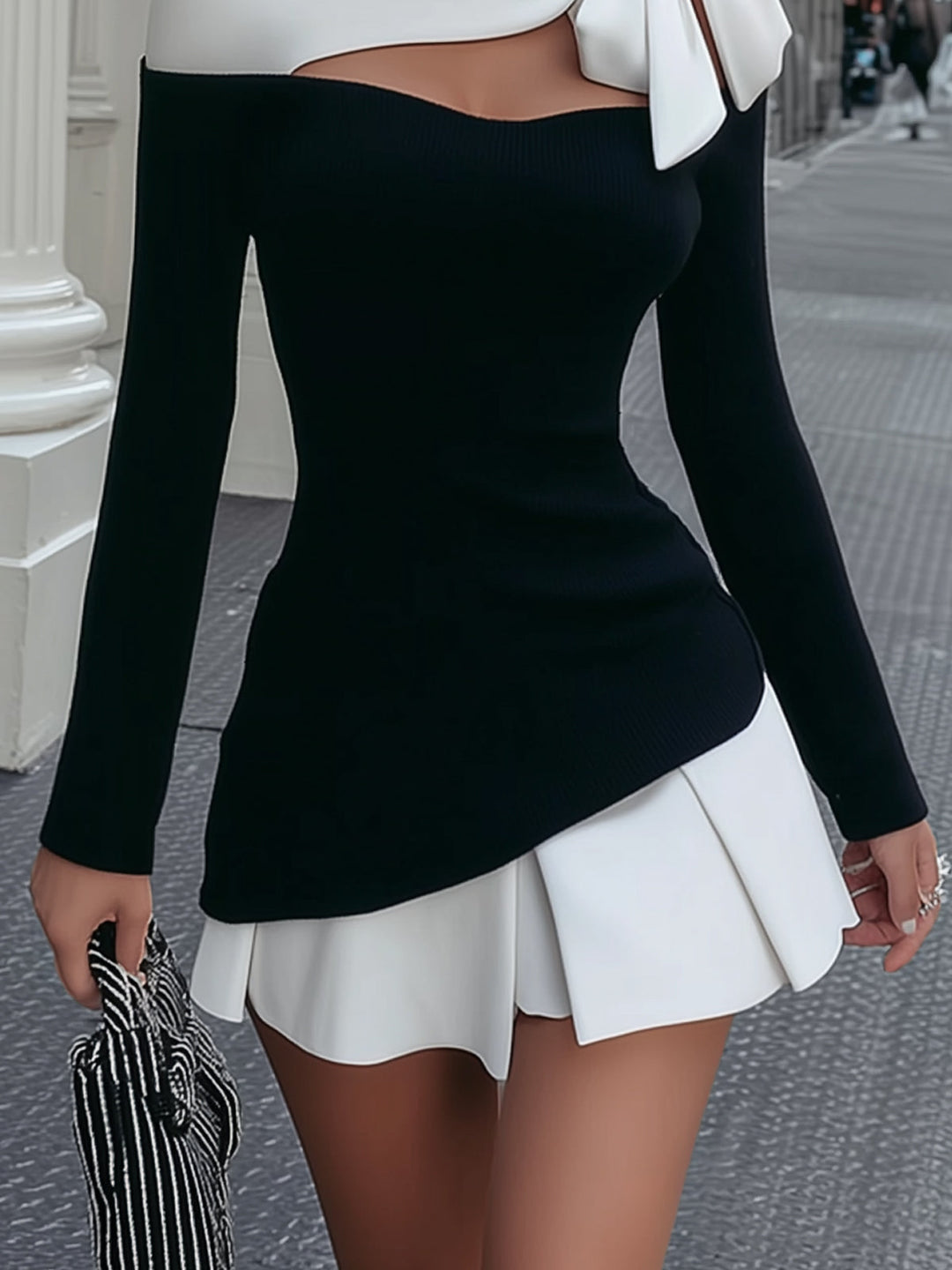 Faustine | Black and White Mini Dress with Strap and Sewn Bow