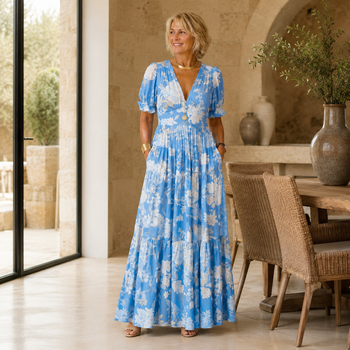 Ione | Short Sleeve V Neck Floral Midi Dress
