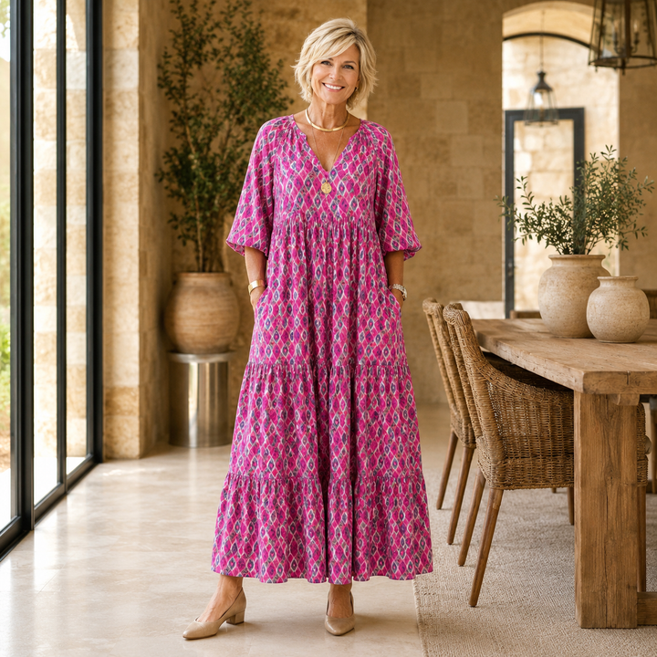Apolline | Three Quarter Sleeve V Neck Patterned Midi Dress