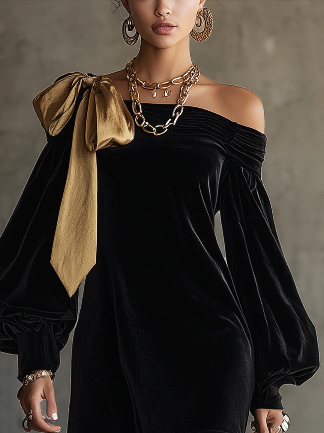 Bonnie | Black Velvet and Gold Satin Patchwork Off-Shoulder Mini Dress
