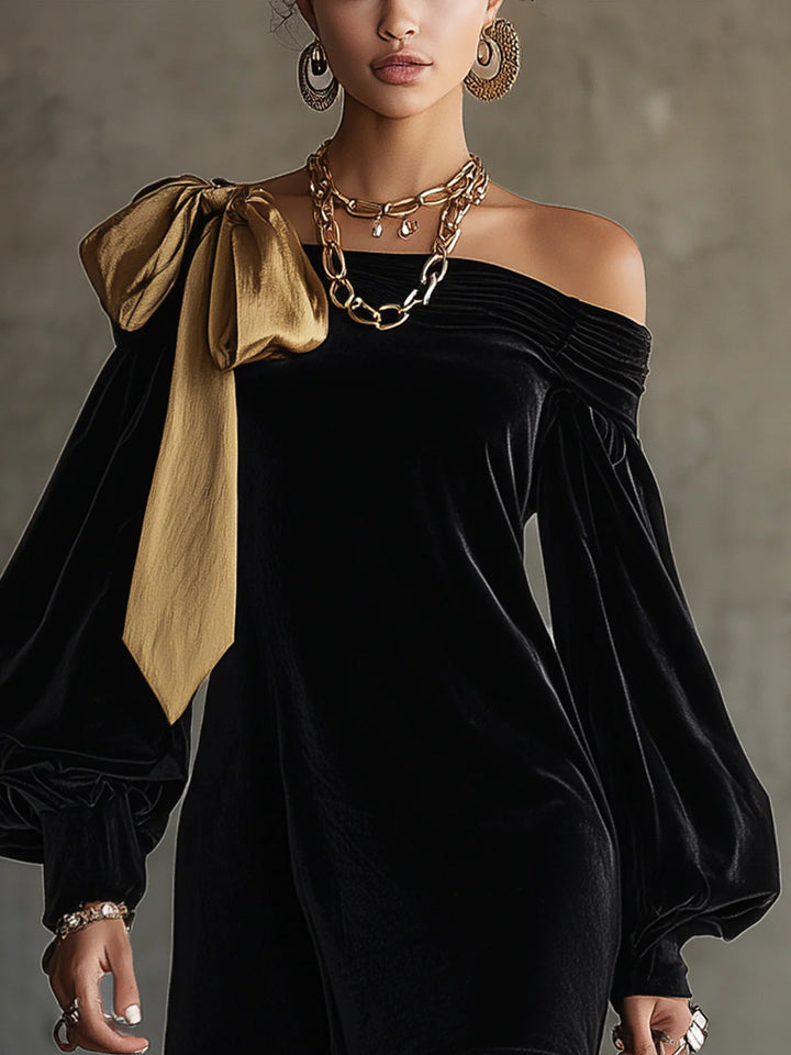Bonnie | Black Velvet and Gold Satin Patchwork Off-Shoulder Mini Dress