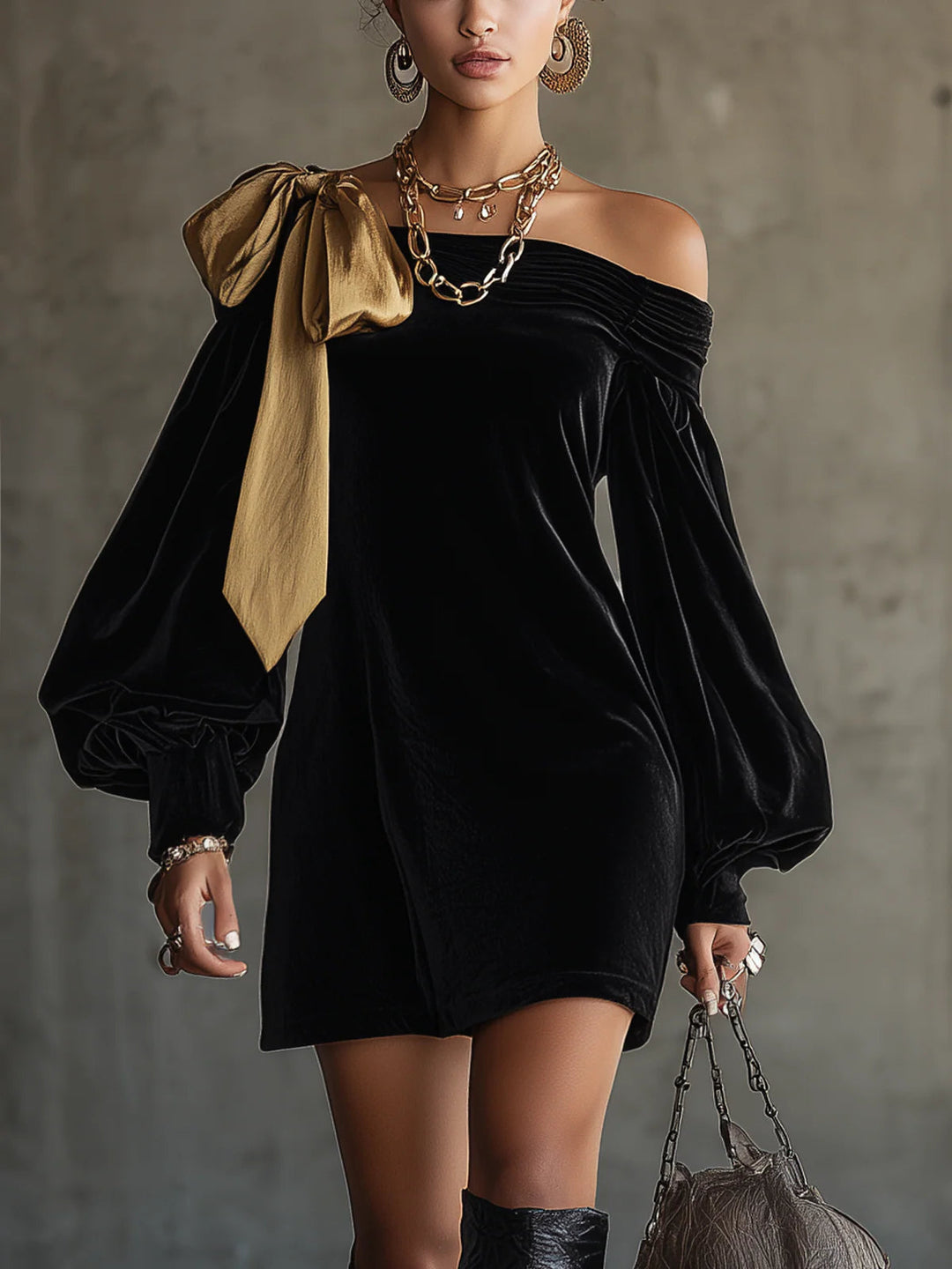 Bonnie | Black Velvet and Gold Satin Patchwork Off-Shoulder Mini Dress