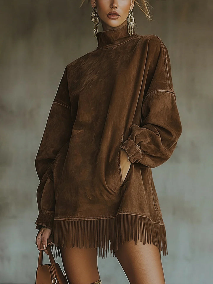 Gabbie | Suede Dress with High Neck and Fringe