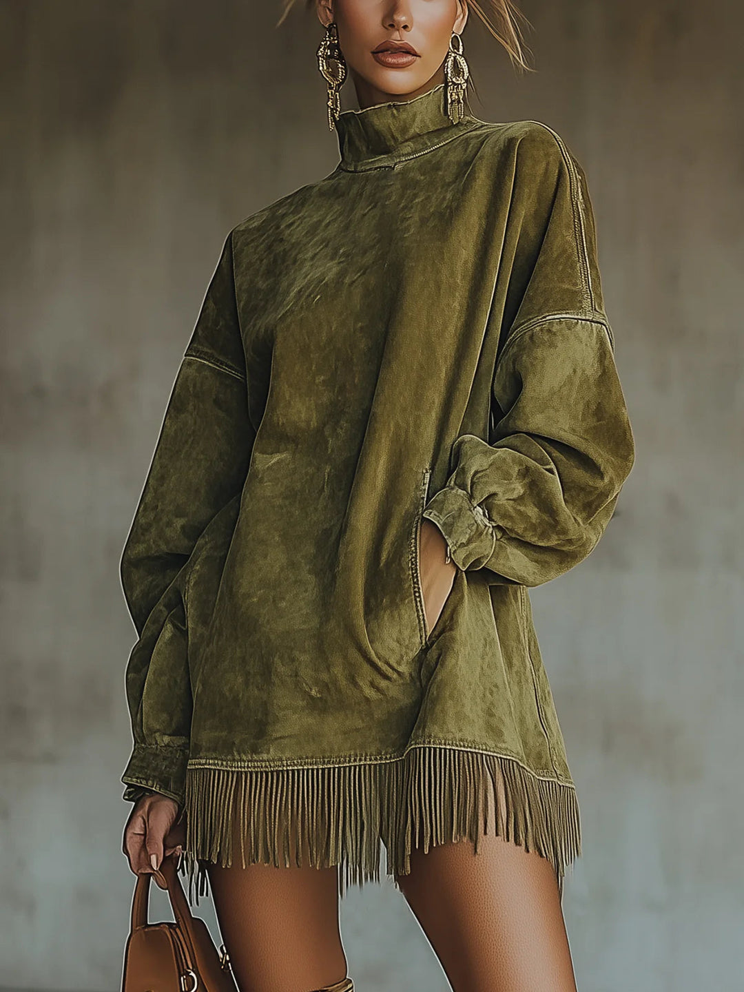 Gabbie | Suede Dress with High Neck and Fringe