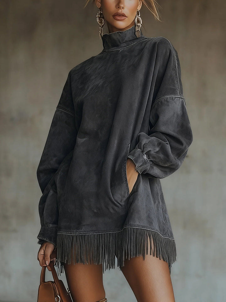 Gabrielle | Suede Dress with High Collar and Fringes