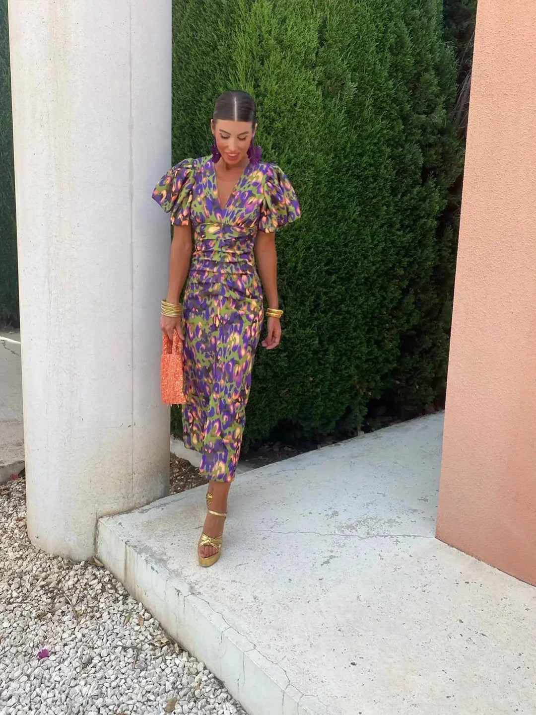 Nyla | Vibrant Midi Dress with Puff Sleeves