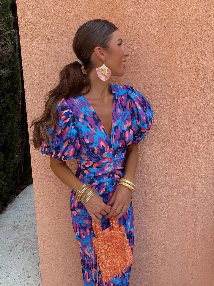 Nyla | Vibrant Midi Dress with Puff Sleeves