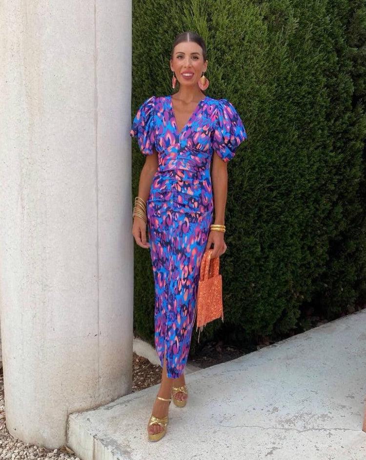 Nyla | Vibrant Midi Dress with Puff Sleeves