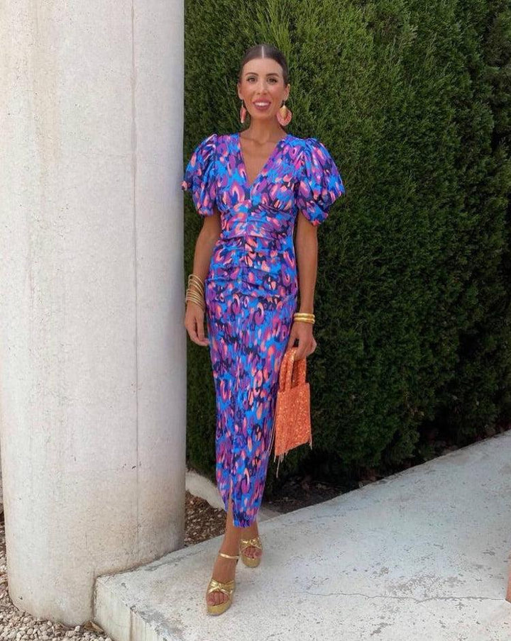 Nyla | Vibrant Midi Dress with Puff Sleeves