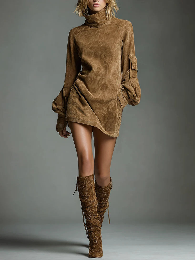 Romy | Vintage Mini Suede Dress with High Collar