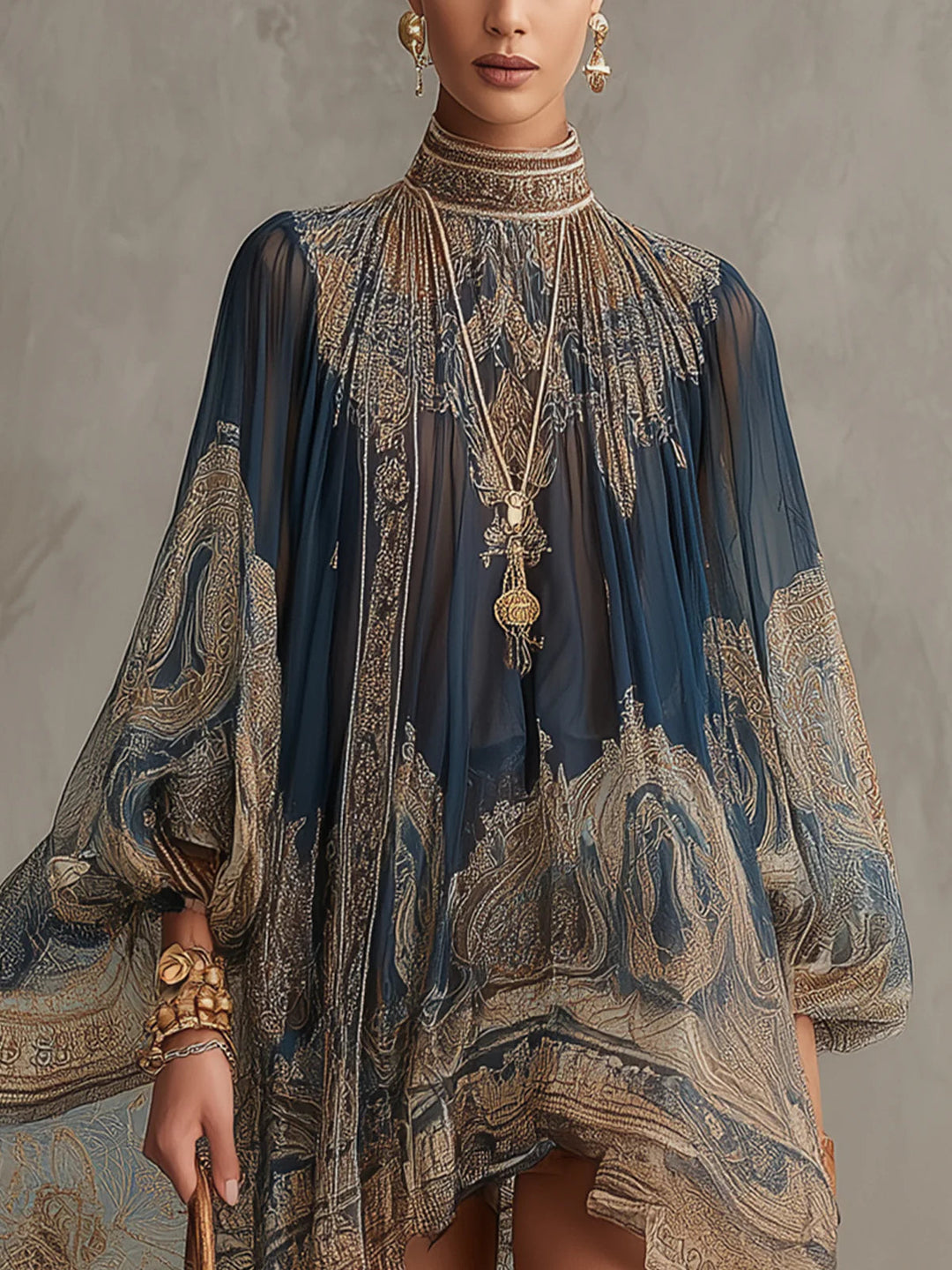 Bérénice | Asymmetrical Mini Dress in Navy Blue Baroque Print Chiffon with High Collar
