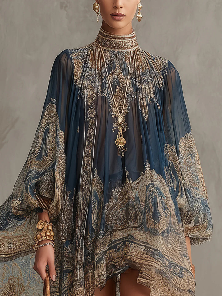Bérénice | Asymmetrical Mini Dress in Navy Blue Baroque Print Chiffon with High Collar
