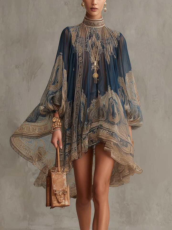 Bérénice | Asymmetrical Mini Dress in Navy Blue Baroque Print Chiffon with High Collar