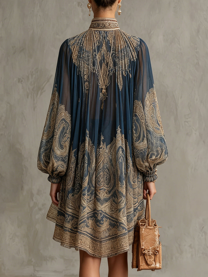 Bérénice | Asymmetrical Mini Dress in Navy Blue Baroque Print Chiffon with High Collar