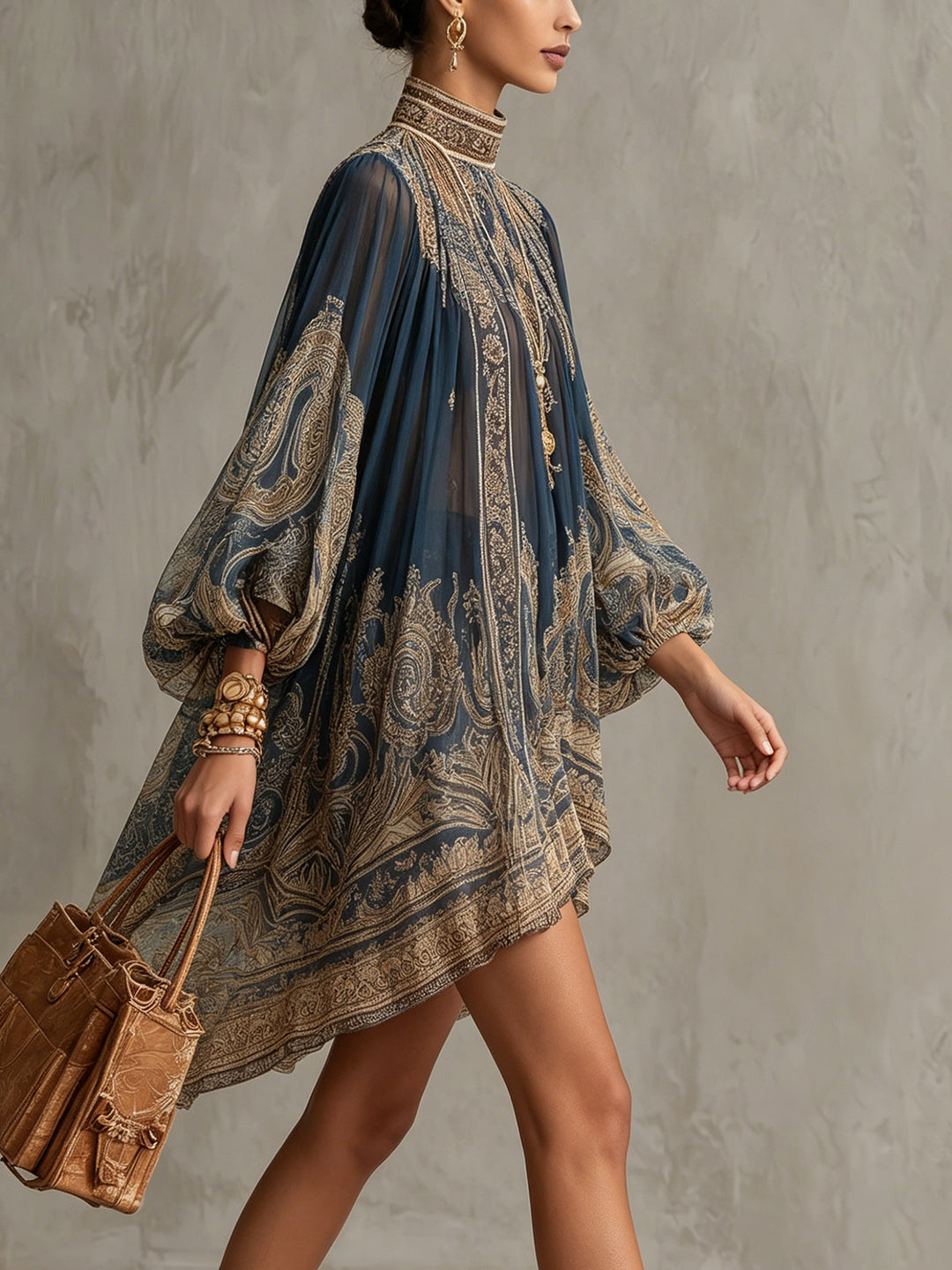 Bérénice | Asymmetrical Mini Dress in Navy Blue Baroque Print Chiffon with High Collar