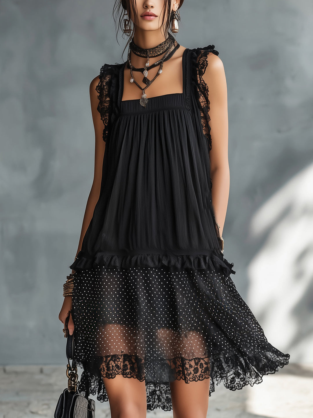 Pauline | Mini Transparent Dress with Polka Dots, Ruffles, and Black Lace Trim