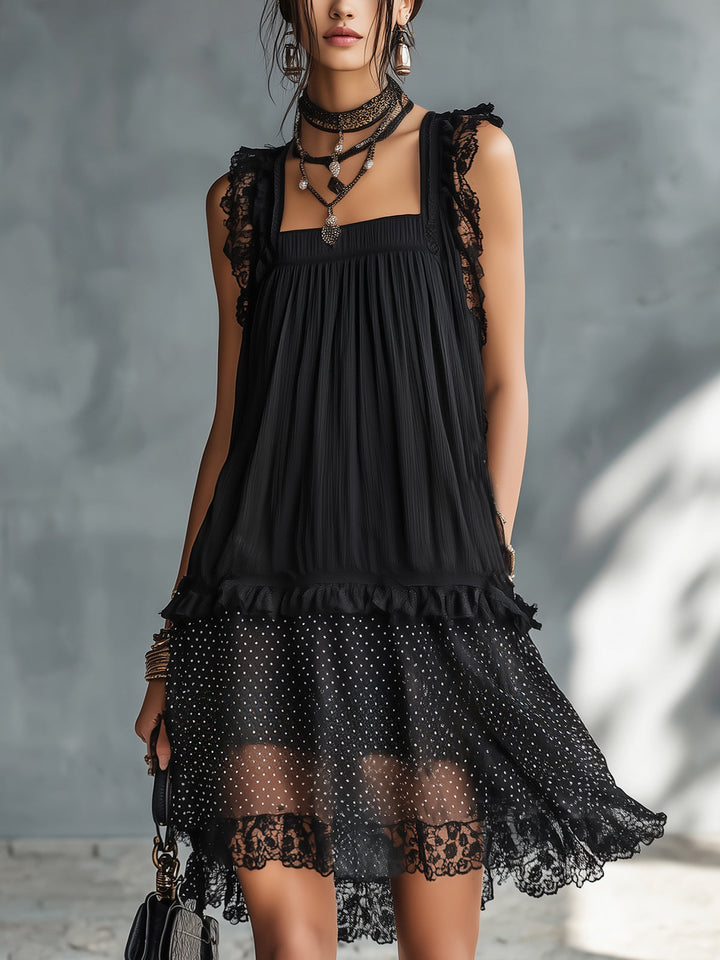 Pauline | Mini Transparent Dress with Polka Dots, Ruffles, and Black Lace Trim