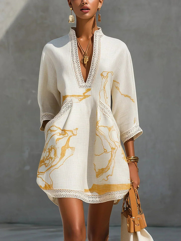 Mildred | Black Mini Dress With Golden Marble Effect Print And Crochet Lace