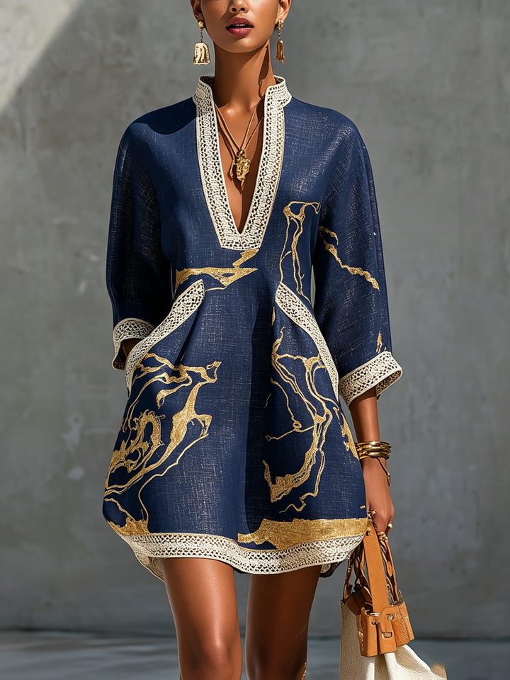 Mildred | Black Mini Dress With Golden Marble Effect Print And Crochet Lace
