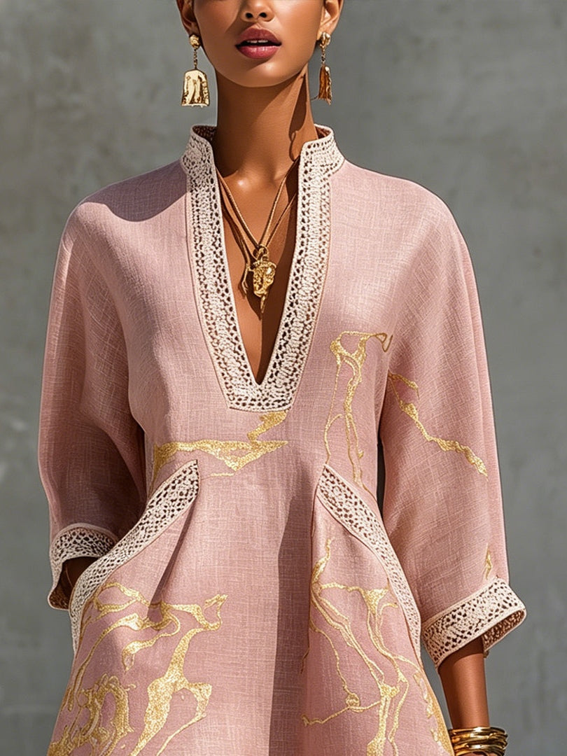 Ninon | Mini Dress in Crocheted Lace Pink with Golden Patterns and V-Neck