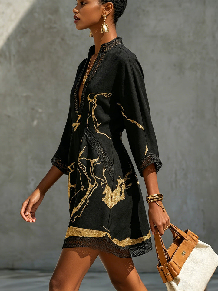 Mildred | Black Mini Dress With Golden Marble Effect Print And Crochet Lace