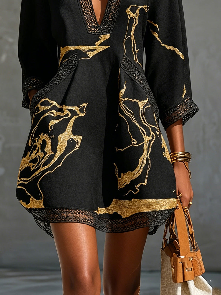Mildred | Black Mini Dress With Golden Marble Effect Print And Crochet Lace