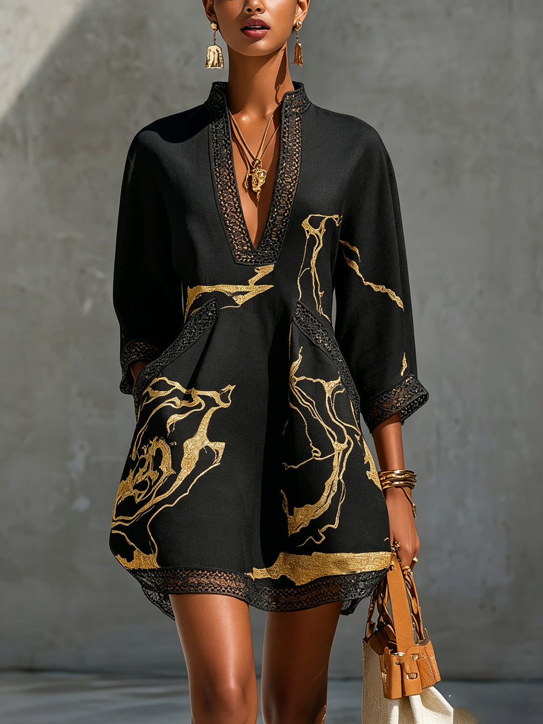 Mildred | Black Mini Dress With Golden Marble Effect Print And Crochet Lace