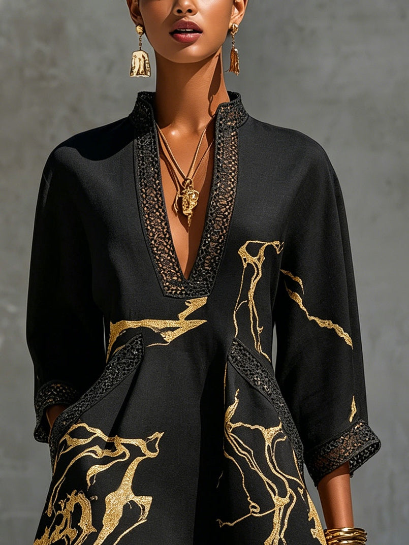 Mildred | Black Mini Dress With Golden Marble Effect Print And Crochet Lace