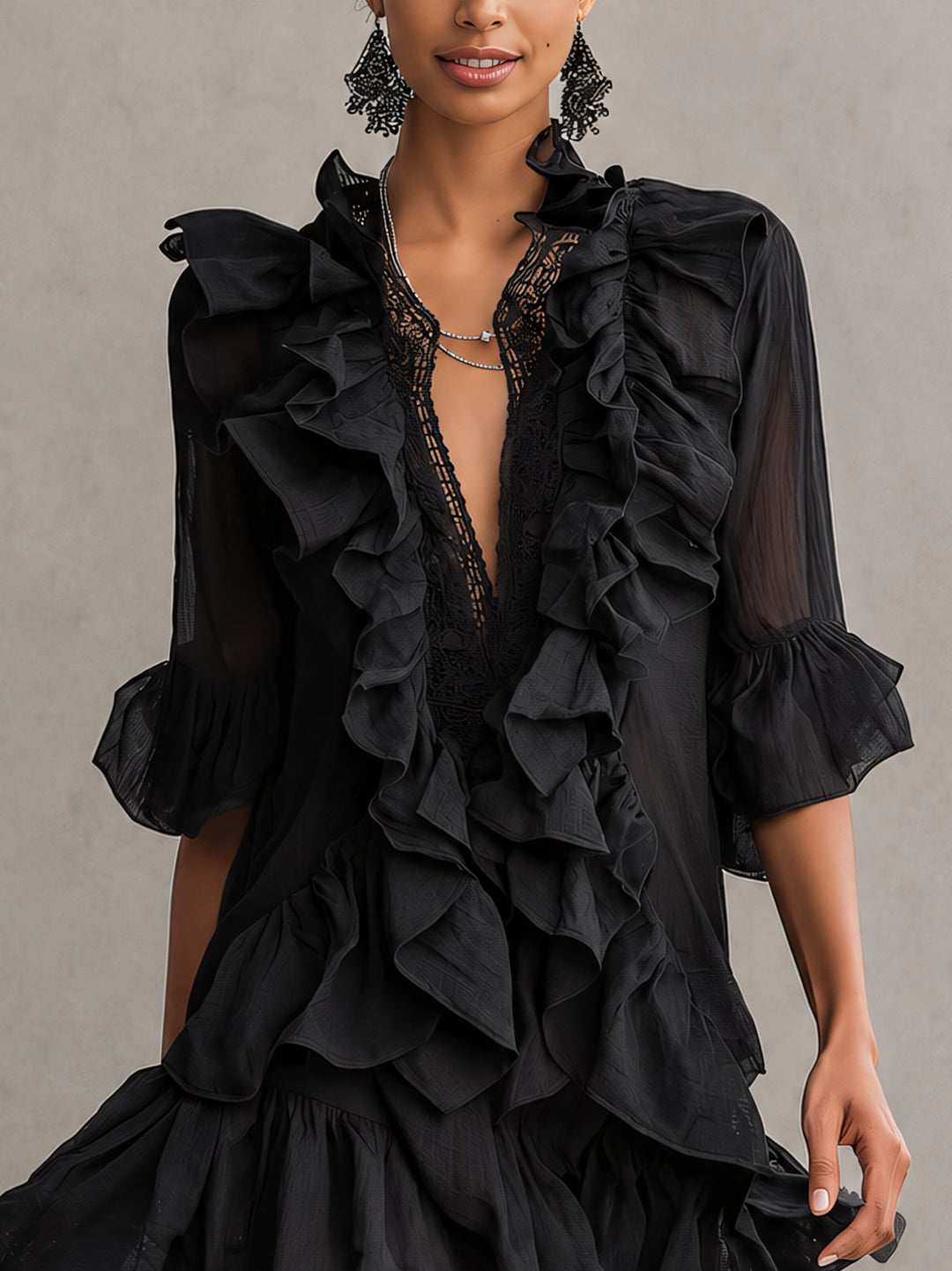Anaïs | Black Chiffon Mini Dress with Ruffles