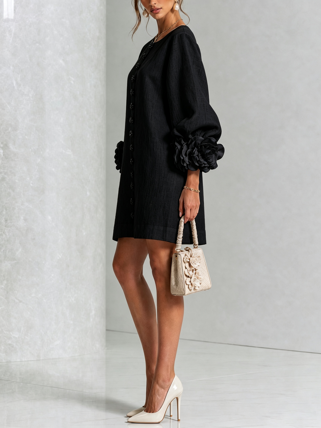 Cecilia | Mini Dress in Linen Blend with Bow Cuffs, Black