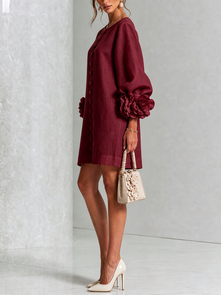Ilaria | Linen Blend Mini Dress with Bow Sleeves, Bordeaux