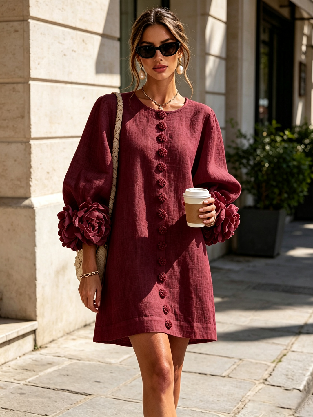 Fiona | Floral Button-down Mini Dress With Striking Floral Cuffs