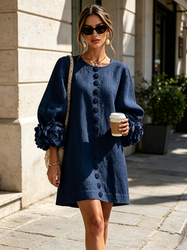 Marina | Mini Dress in Linen Blend with Bow Sleeves, Dark Blue