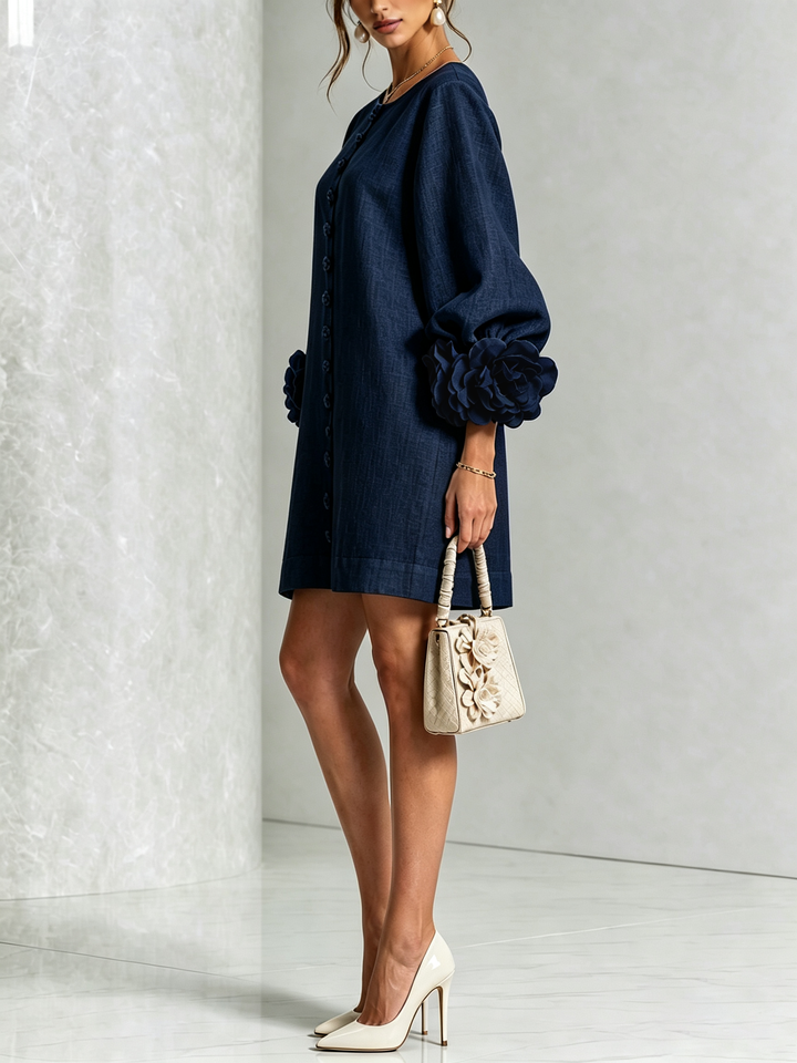 Marina | Mini Dress in Linen Blend with Bow Sleeves, Dark Blue
