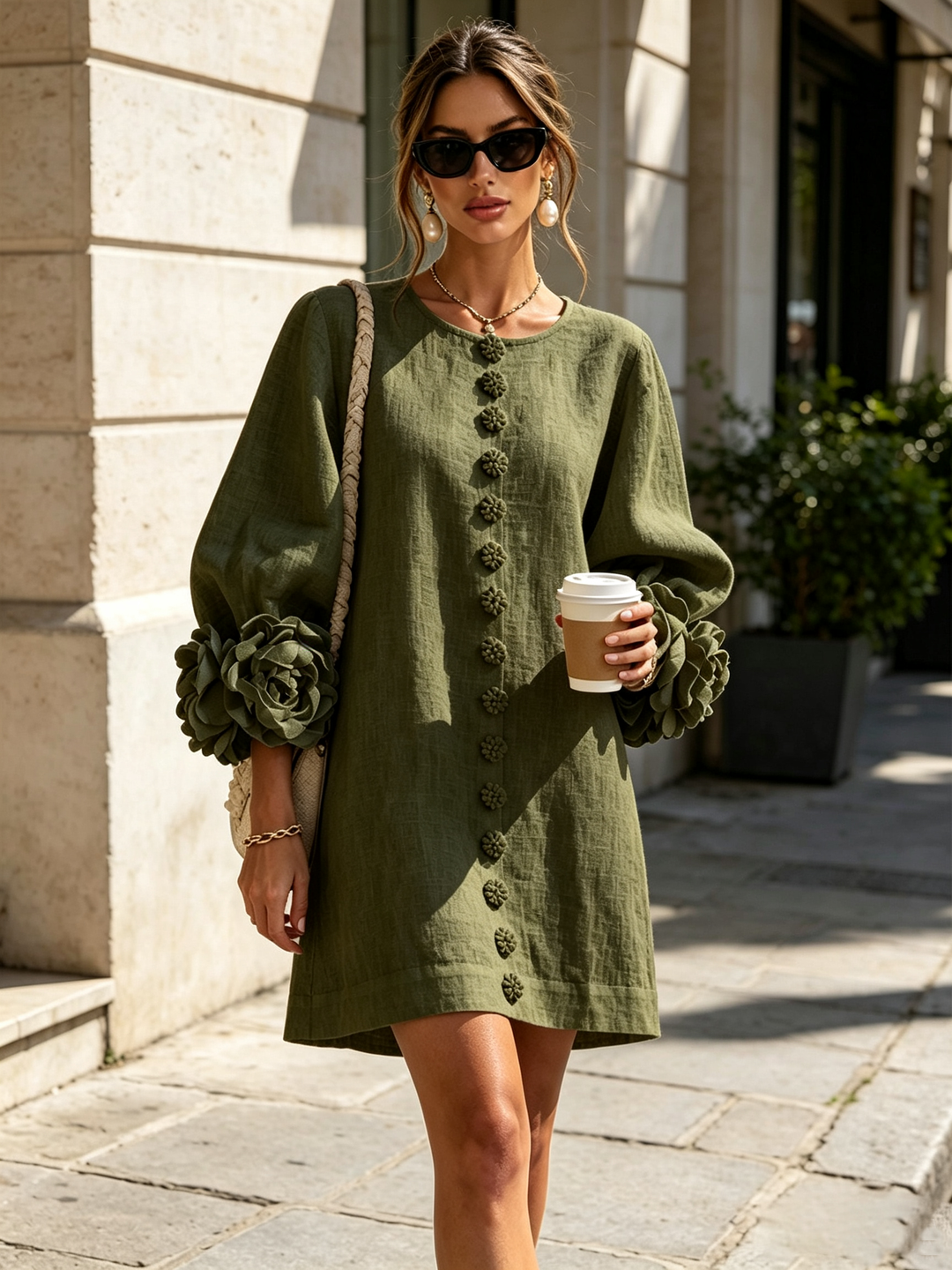 Arianne | Floral-Cuff Button Mini Dress