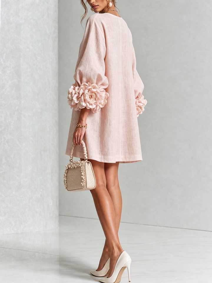 Noemi | Mini Dress in Linen Blend with Bow Sleeves, Pink