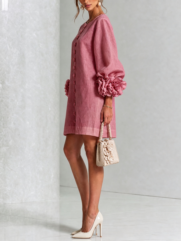 Alba | Mini Dress in Linen Blend with Bow Cuffs, Antique Pink